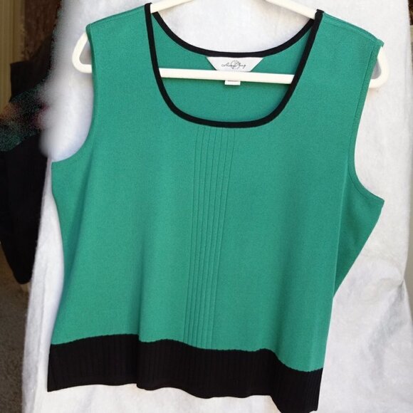Ming Wang Tank Top Stretch Knitted Ribbed Bottom Edging Side Slits Black Green L - Picture 5 of 13